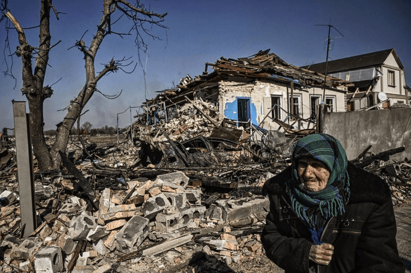 Destroyed houses in the village of Krasylivka near Kyiv.